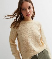 New Look Off White Crochet Knit Crew Neck Long Sleeve Jumper